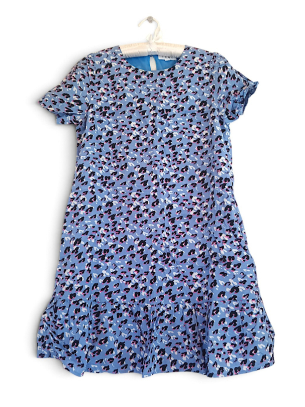 THML Blue Animal Print Mini Shift Dress Ruffles Short Sleeves tiered colorful m